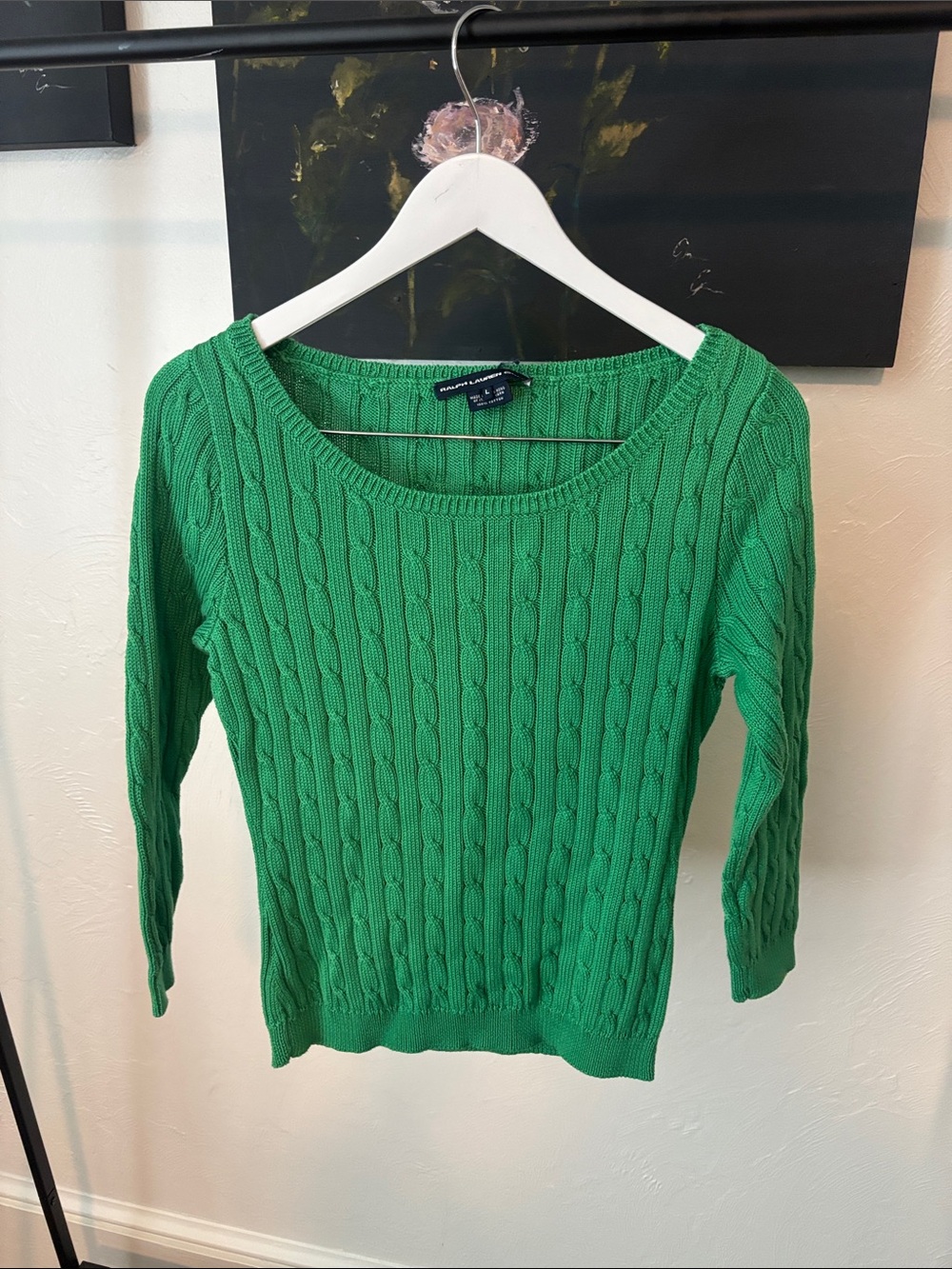 Vintage Ralph Lauren Green Cable‑Knit Scoop Neck Sweater